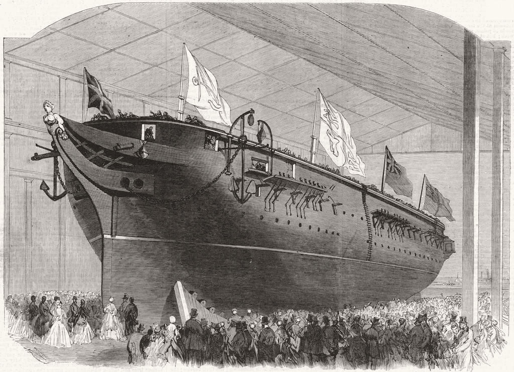 LONDON. Launch of the Screw-corvette Thalia at Woolwich Dockyard c1880 print
